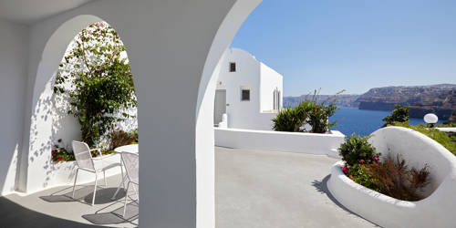 
Santorini View Hotel patio with sea view and gardens