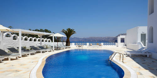 
Santorini View Hotel swimming pool with pergola and sunbeds, with sea view
